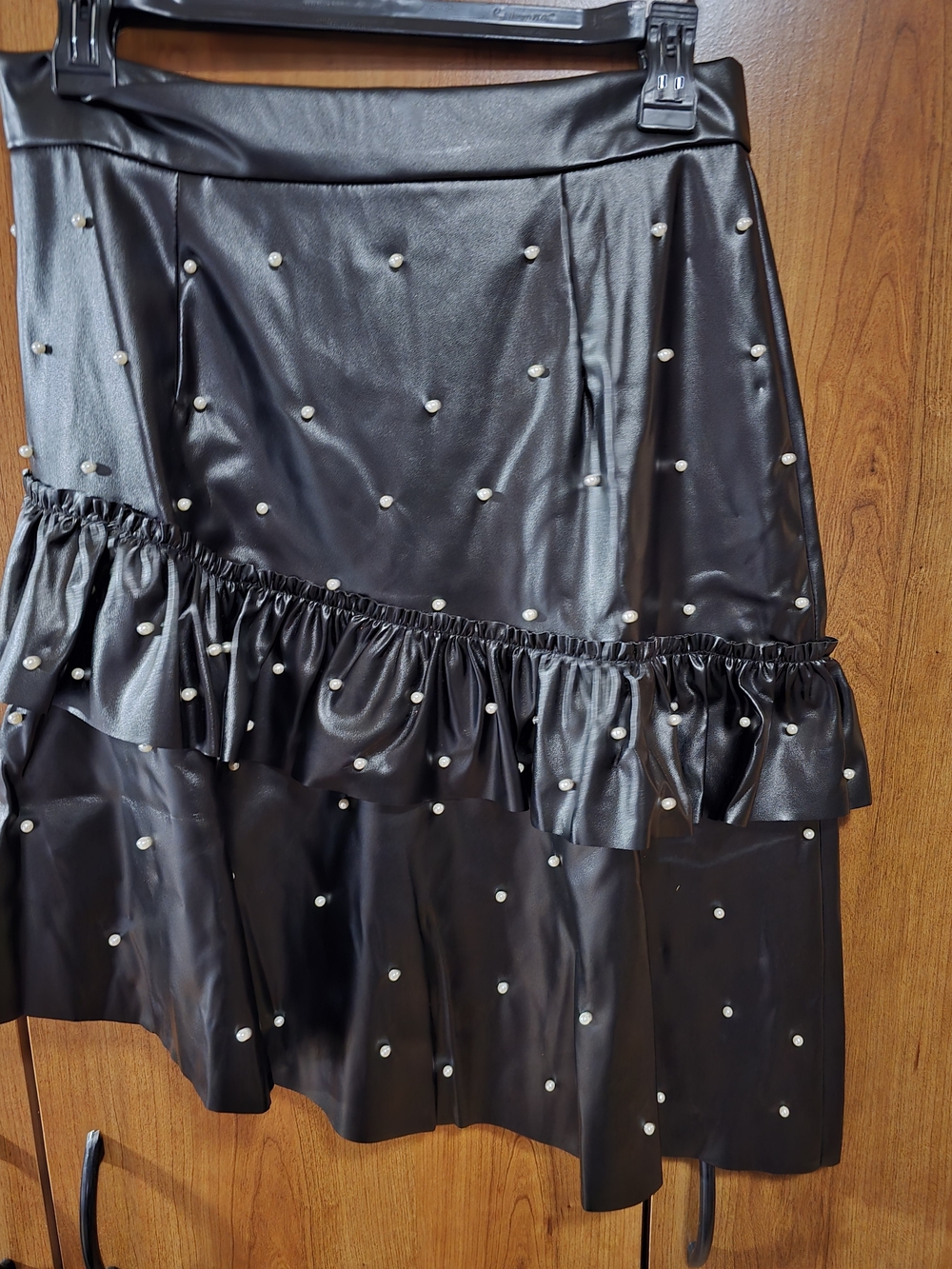 Black Faux Leather Pearl-Embellished Ruffle Skirt